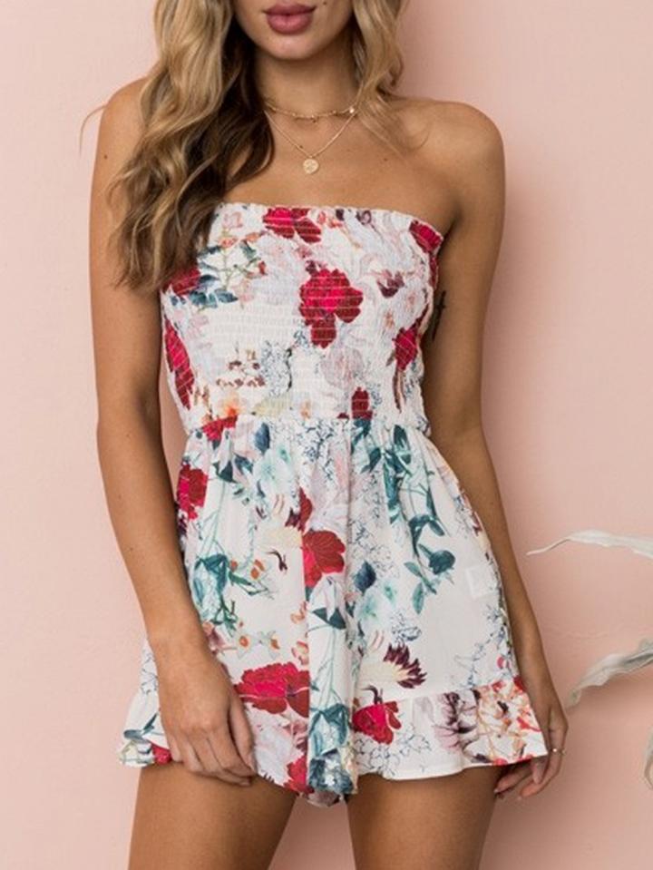 Choies Light Pink Stretch Off Shoulder Floral Print Romper Playsuit