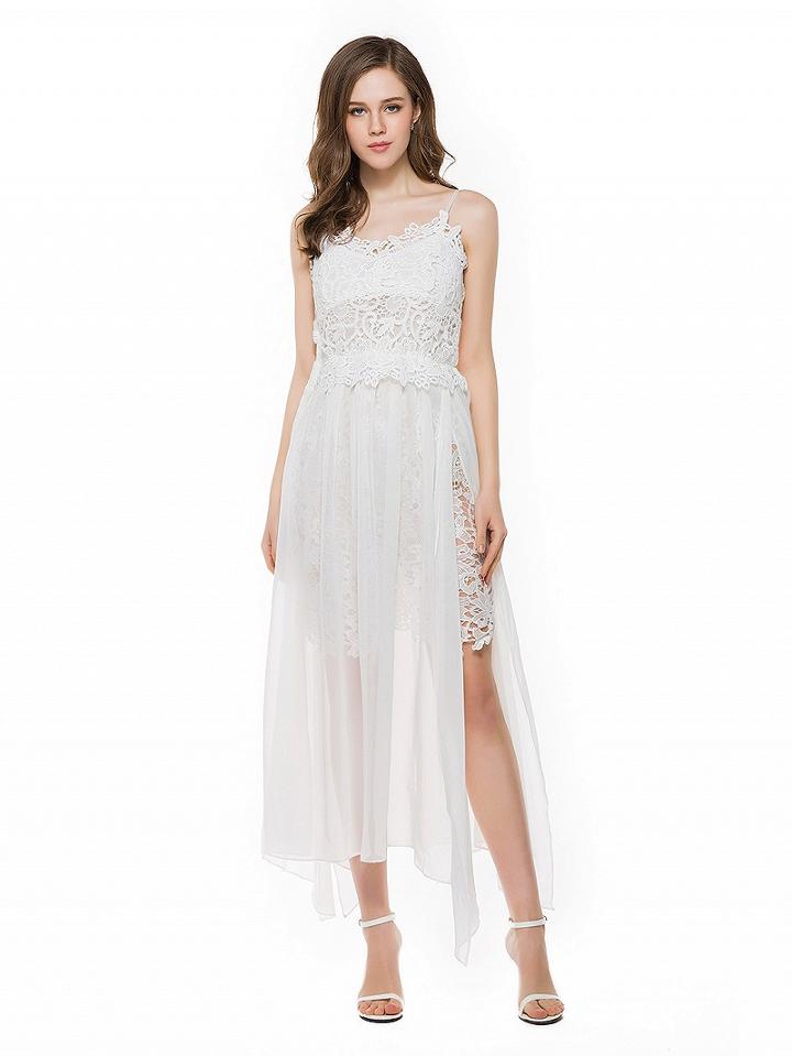 Choies White V-neck Lace Panel Side Split Spaghetti Strap Maxi Dress
