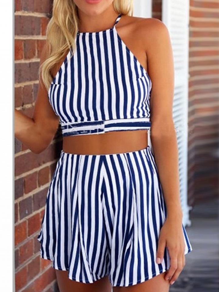 Choies Dark Blue Stripe Halter Open Back Crop Top And High Waist Shorts