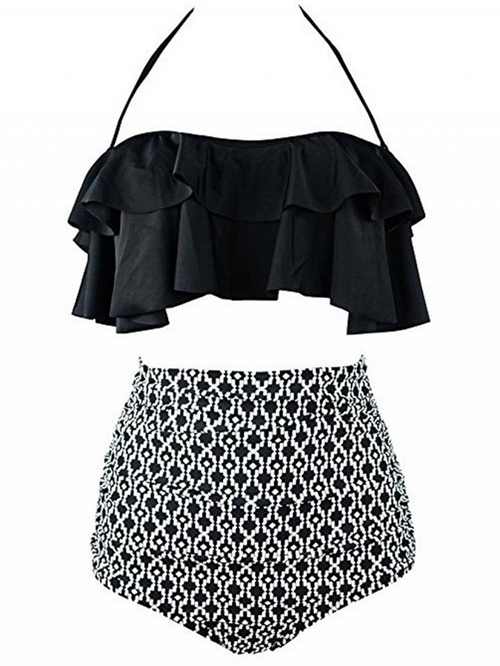 Choies Black Halter Ruffle Trim Bikini Top And High Waist Bottom