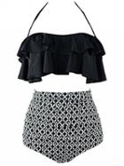 Choies Black Halter Ruffle Trim Bikini Top And High Waist Bottom