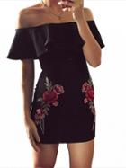 Choies Black Off Shoulder Ruffle Trim Embroidery Mini Dress