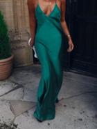 Choies Green Satin Look V-neck Open Back Women Cami Maxi Dress
