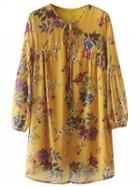 Choies Yellow V-neck Lace Up Front Floral Print Long Sleeve Mini Dress