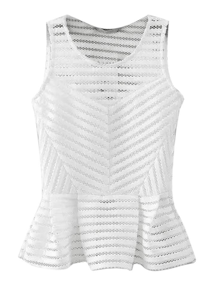 Choies White Sleeveless Sheer Stripe Peplum Blouse