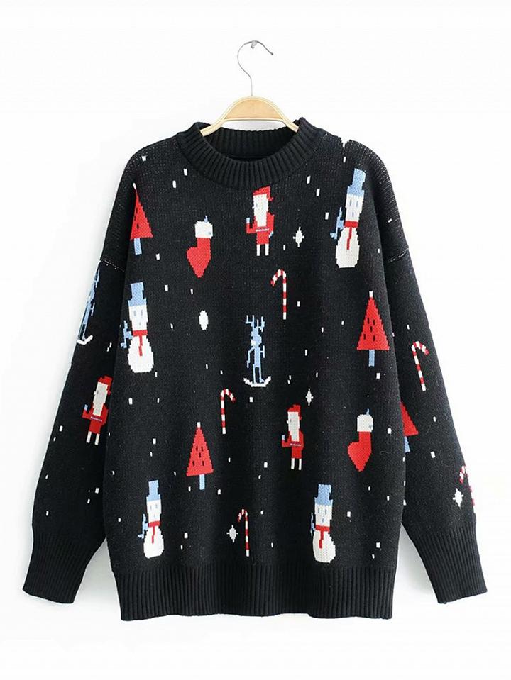 Choies Black Christmas Snowman Print Long Sleeve Women Sweater