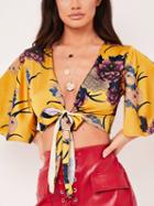 Choies Yellow Plunge Floral Print Tie Front Chic Women Crop Blouse