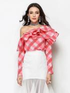 Choies Red One Shoulder Ruffle Checker Long Sleeve Blouse
