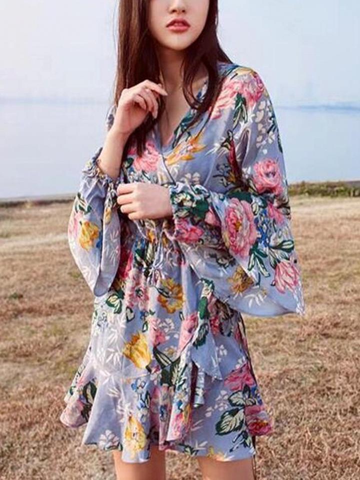 Choies Blue V-neck Tie Waist Print Detail Long Sleeve Mini Dress