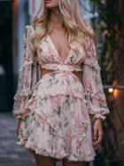Choies Pink Chiffon V-neck Floral Print Lace Up Back Chic Women Mini Dress