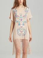 Choies Khaki V-neck Embroidery Detail Tassel Trim Dress