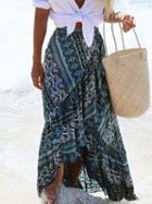Choies Blue High Waist Geo-tribal Ruffle Trim Wrap Maxi Skirt