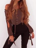 Choies Brown Off Shoulder Lace Up Slit Sleeve Tie Cuff Blouse