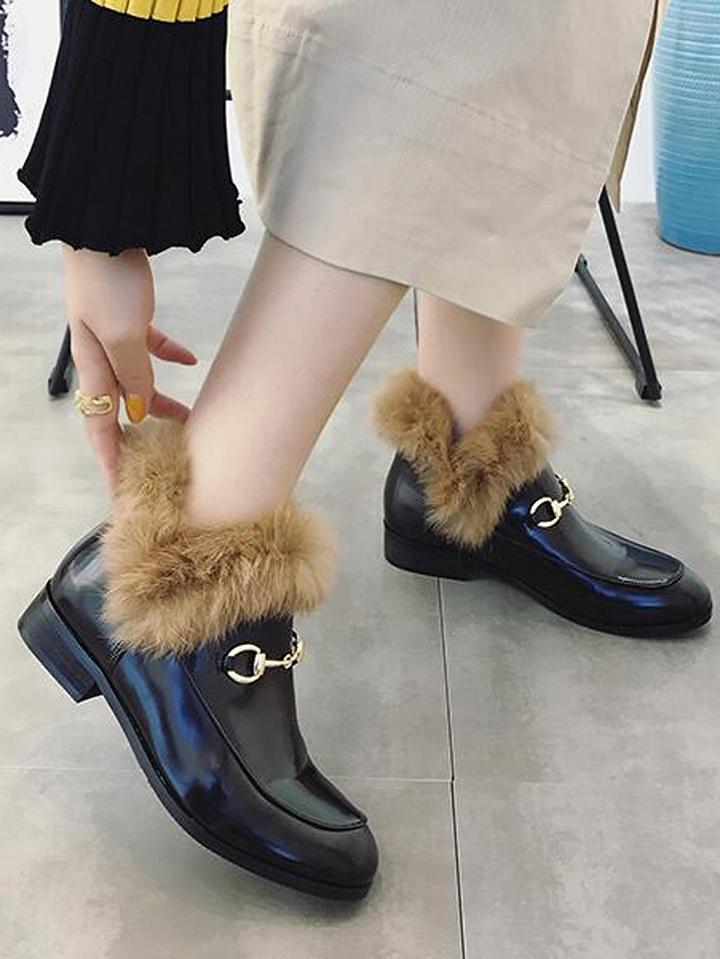 Choies Black Metal Chain Detail Faux Fur Trim Ankle Boots