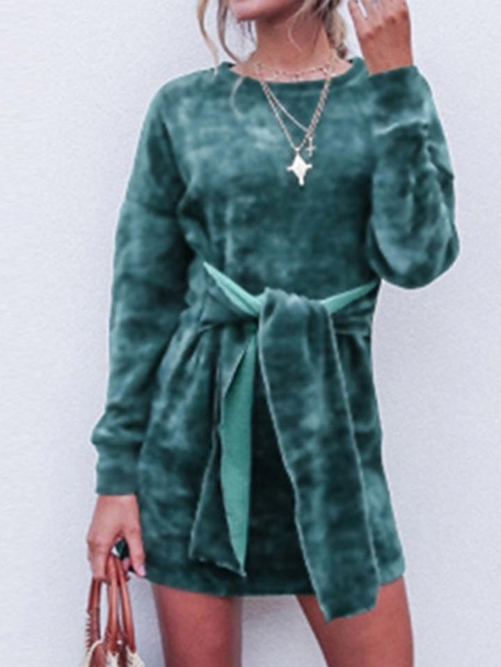 Choies Green Tie Waist Long Sleeve Chic Women Mini Dress