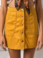Choies Yellow High Waist Faux Suede Stud Detail Mini Skirt