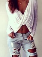 Choies White Twist Front Long Sleeves Crop Top