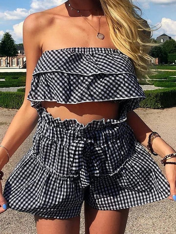 Choies Black Stripe Bandeau Chic Women Crop Top And High Waist Shorts