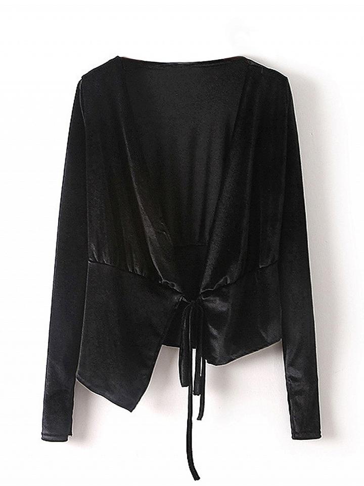 Choies Black Asymetric Hem Tie Front Velvet Long Sleeve Coat