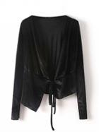 Choies Black Asymetric Hem Tie Front Velvet Long Sleeve Coat