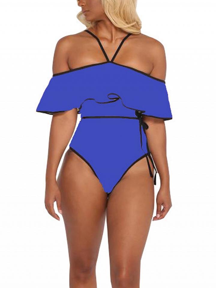 Choies Blue Halter Ruffle Contrast Trim Tie Waist Swimsuit