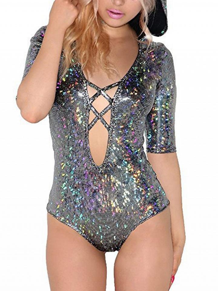 Choies Polychrome Lattice Half Sleeve Hologram Hooded Swimsuit
