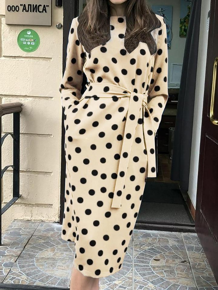 Choies Khaki Polka Dot Print Tie Waist Long Sleeve Women Midi Dress