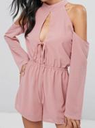 Choies Pink Cold Shoulder Tie Front Long Sleeve Chic Women Romper Playsuit