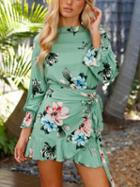 Choies Green Floral Print Tie Waist Open Back Long Sleeve Mini Dress