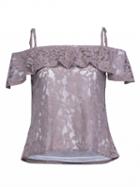Choies Gray Off Shoulder Ruffle Overlay Sheer Lace Cami Top