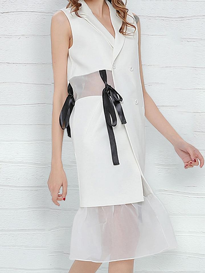 Choies White Cotton Blend Double Breasted Sleeveless Chic Women Longline Coat