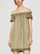 Choies Green Off Shoulder Ruffle Ruched Trim Lace Panel Mini Dress