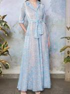 Choies Blue V-neck Floral Print Tie Waist Chic Women Maxi Dress