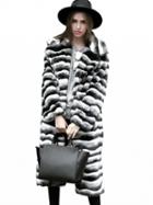 Choies Monochrome Stripe Longline Faux Fur Coat