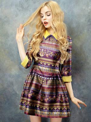 Choies Jacquard Floral Shirt Collar Palace Dress