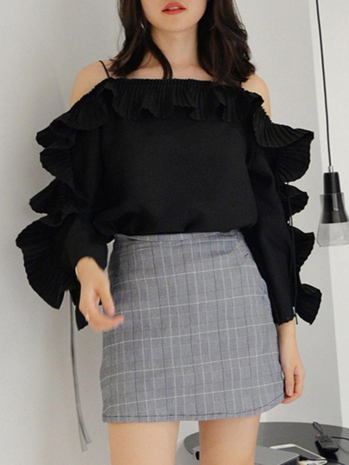 Choies Black Lace Up Sleeve Ruffle Detail Blouse