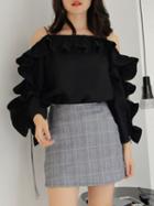 Choies Black Lace Up Sleeve Ruffle Detail Blouse