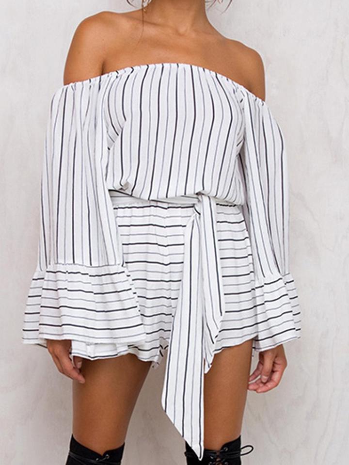 Choies White Stripe Off Shoulder Bell Sleeve Tie Waist Romper Playsuit