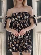 Choies Black Chiffon Off Shoulder Floral Print Tie Cuff Chic Women Mini Dress