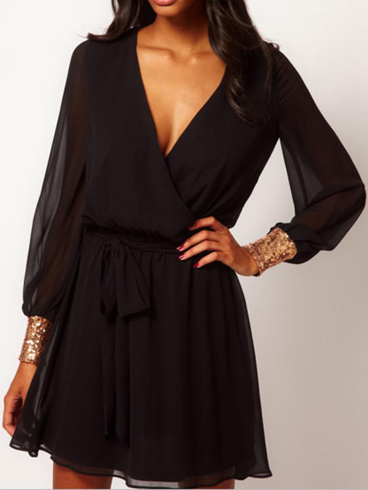 Choies Black Sequined Cuff Tie Waist Two-layer Wrap Dress