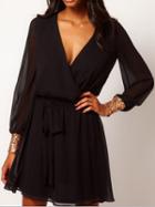 Choies Black Sequined Cuff Tie Waist Two-layer Wrap Dress