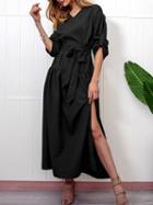 Choies Black Cotton Blend V-neck Tie Waist Long Sleeve Maxi Dress