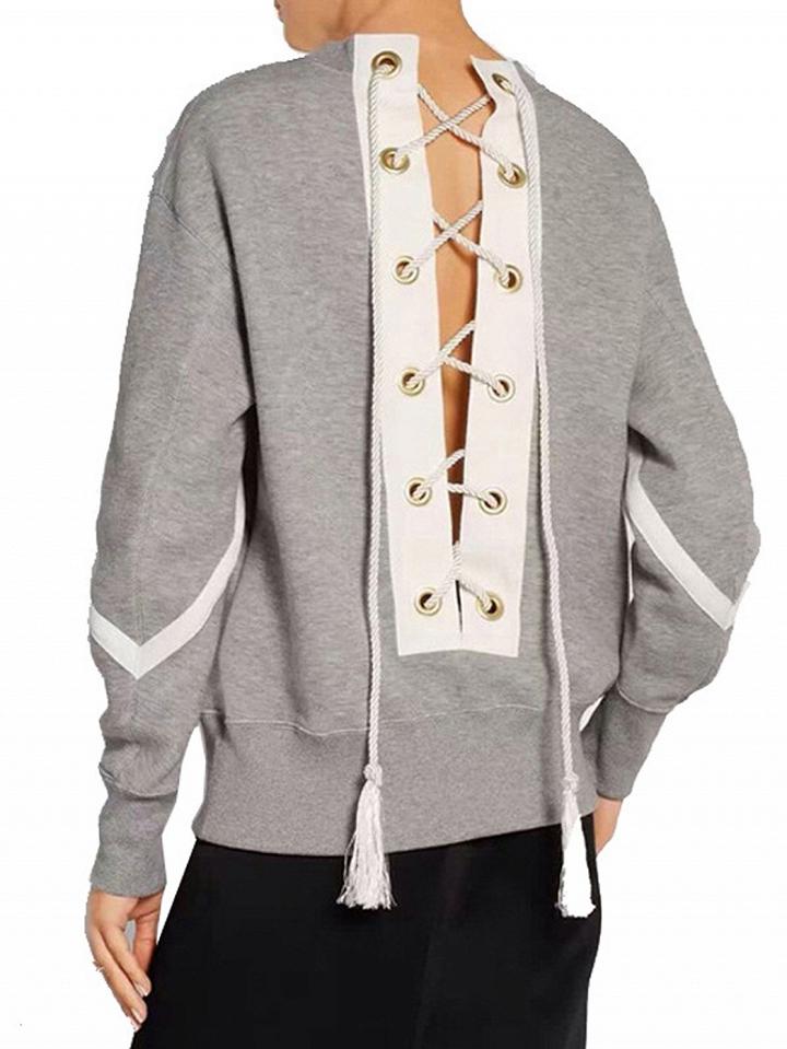 Choies Gray Contrast Lace Up Back Long Sleeve Sweatshirt