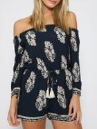 Choies Black Leaf Prit Off Shoulder Long Sleeve Drawing Waist Romper Playsuit