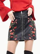 Choies Black Embroidery Floral Zip Front Beaded Pu Mini Skirt