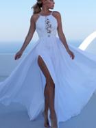 Choies White Spaghetti Strap Lace Panel Thigh Split Side Maxi Dress