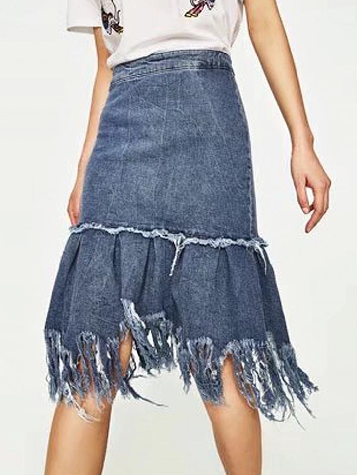 Choies Blue High Waist Fringe Hem Denim Skirt
