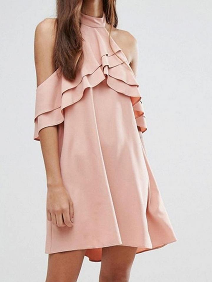 Choies Pink Halter Ruffle Detail Backless Mini Dress