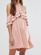 Choies Pink Halter Ruffle Detail Backless Mini Dress