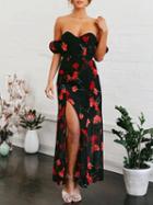 Choies Red Off Shoulder Floral Print Thigh Split Open Back Maxi Dress